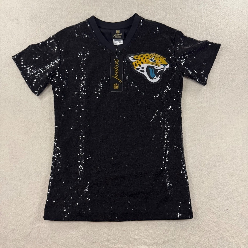 NFL Jacksonville Jaguars Sequin Top Juniors XS Black NEW V-Neck Sparkle Shirt